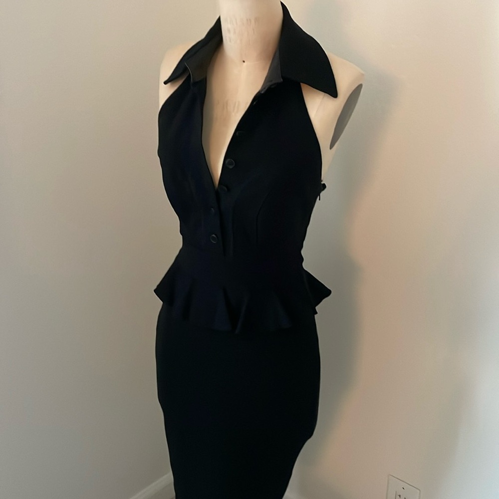 Black Halter Peplum Midi Dress with Collared V-Neck